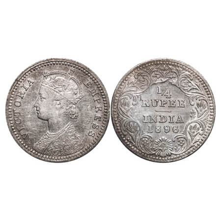 Victoria Empress, Silver, 1/4 Rupee, 1896, Calcutta Mint, C/II, 'C' incused. F. Prid 400. 