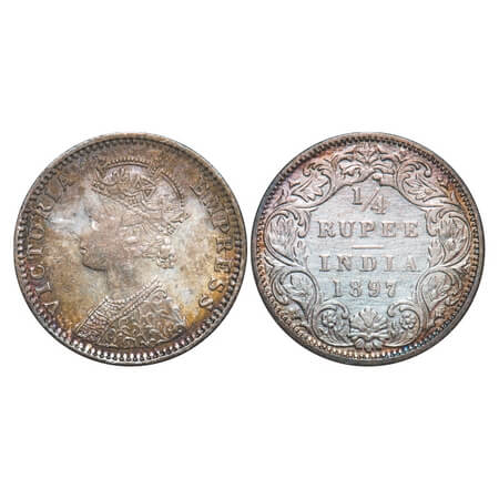 Victoria Empress, Silver, 1/4 Rupee, 1897, Bombay Mint, C(i)/I, 'B' incused. F. Prid 430. 