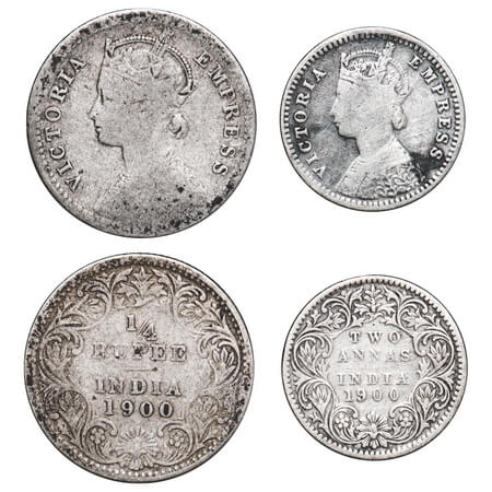 Victoria Empress, Silver, 1/4 Rupee, 2 Annas, (2 coins), 1900, 1) Calcutta Mint, C/II, 'C'