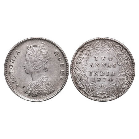 Victoria Queen, Silver, 2 Annas, 1874, Cacutta Mint, A/I, No mint mark. F. Prid 488. GK 74