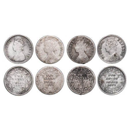 Victoria Empress, Silver, 2 Annas, (4 coins), 1) 1877, Calcutta Mint, A/I, No mint mark, 2
