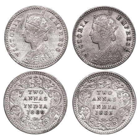 Victoria Empress, Silver, 2 Annas, (2 coins), 1880, 1883, Calcutta Mint, B/II, 'C' incused
