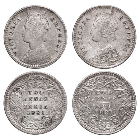 Victoria Empress, Silver, 2 Annas, (2 coins), 1881, 1) Bombay Mint, B/II, Dot, 2) Calcutta