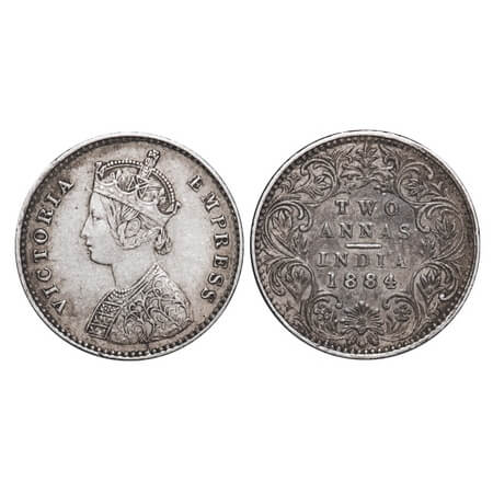 Victoria Empress, Silver, 2 Annas, 1884, Bombay Mint, A/I, No dot, Die crack on Obv. F. Pr