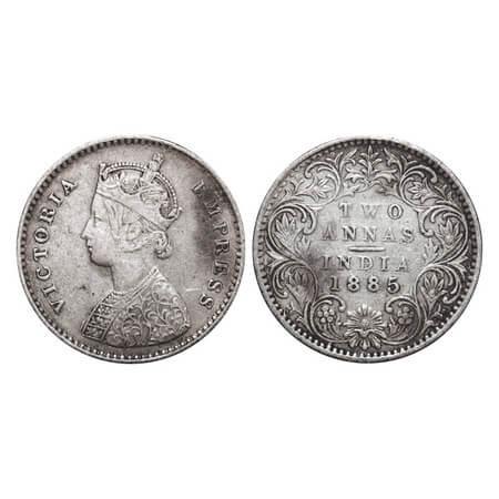 Victoria Empress, Silver, 2 Annas, 1885, Bombay Mint, A/I, No mint mark, No 'B'. F. Prid 5