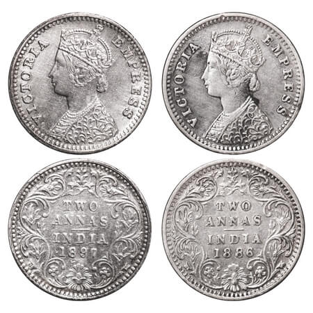 Victoria Empress, Silver, 2 Annas, (2 coins), 1886, 1897, Bombay Mint, B/II, 'B' incused. 
