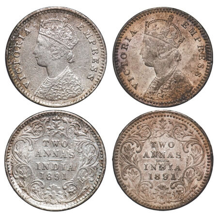 Victoria Empress, Silver, 2 Annas, (2 coins), 1891, 1) Bombay Mint, B/II, 'B' incused, 2) 