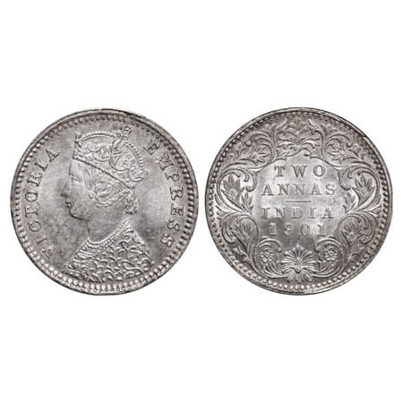 Victoria Empress, Silver, 2 Annas, 1901, Bombay Mint, B/I, 'B' raised, Die crack on Obv. F