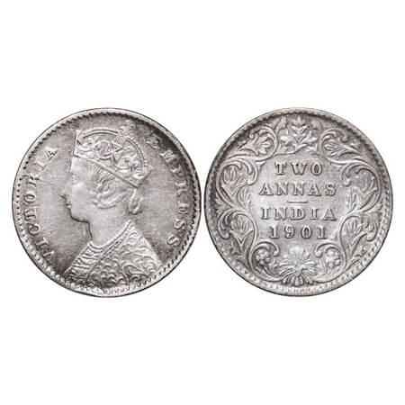 Victoria Empress, Silver, 2 Annas, 1901, Calcutta Mint, B/II, 'C' incused, Die crack on Ob