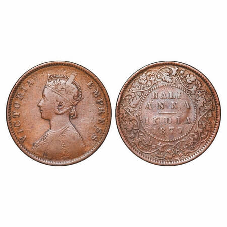 Victoria Empress, Copper, Half Anna, 1877, Calcutta Mint, C/II. F. Prid 585. GK 821. Very 