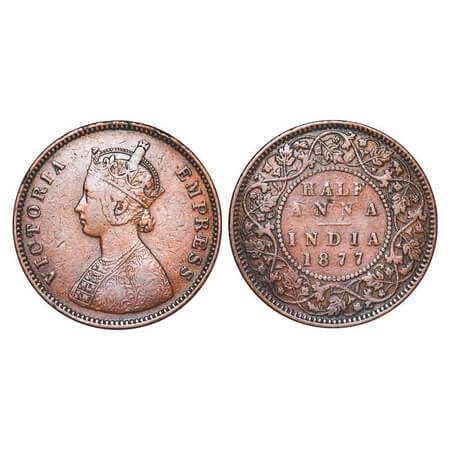 Victoria Empress, Copper, Half Anna, 1877, Bombay Mint, B/II. F. Prid 586. GK 820. Very Fi