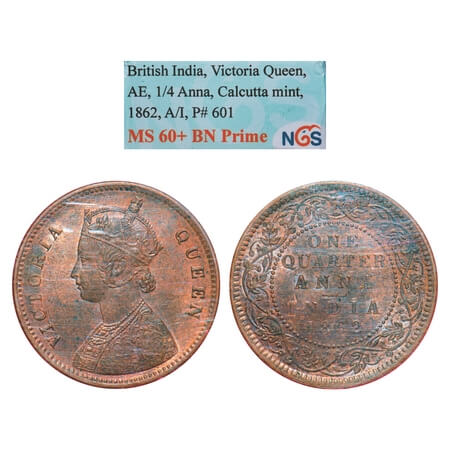 Victoria Queen, Copper, Quarter Anna, 1862, Calcutta Mint, A1/I, No mint mark, Tint 'V' ra