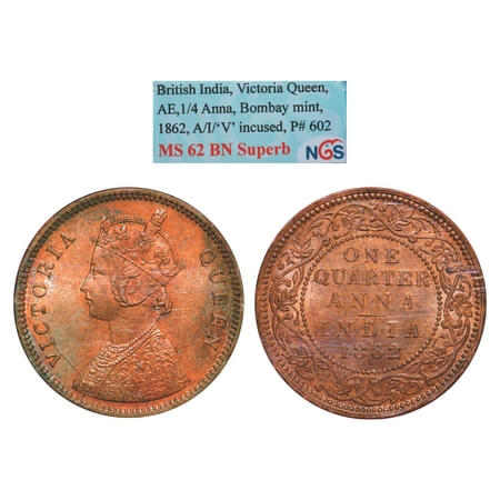 Victoria Queen, Copper, Quarter Anna, 1862, Bombay Mint, A/I, No mint mark, Tiny 'V' incus