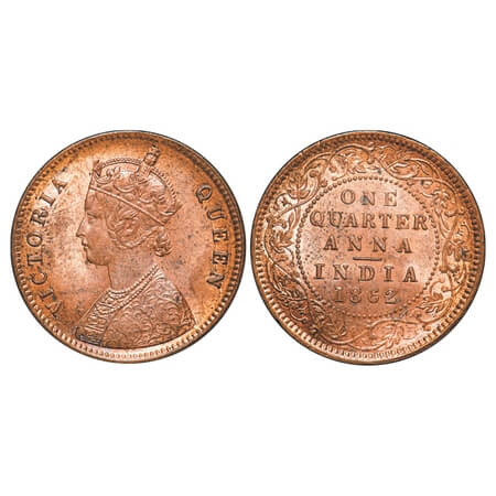 Victoria Queen, Copper, Quarter Anna, 1862, Madras Mint, A/I, No mint mark, Multiple die c