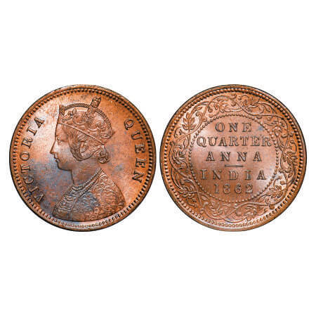 Victoria Queen, Copper, Quarter Anna, 1862, Madras Mint, A/I, No mint mark, No privy mark.