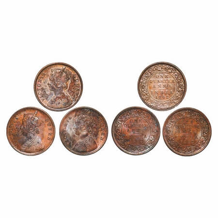 Victoria Queen, Copper, Quarter Anna, 1862, (3 coins), Madras Mint, A/I, No mint mark, No 
