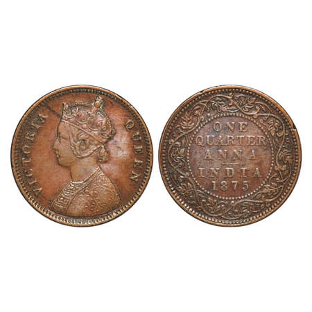 Victoria Queen, Copper, Quarter Anna, 1875, Bombay Mint, A/I, No mint mark. F. Prid 635. G
