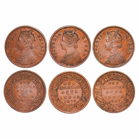 Victoria Queen & Empress, Copper, Quarter Anna, (3 coins), 1) 1875, Bombay Mint, A/I, No m