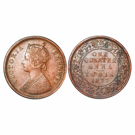 Victoria Empress, Copper, Quarter Anna, 1877, Bombay Mint, B/I, No mint mark. F. Prid 637.