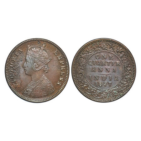 Victoria Empress, Copper, Quarter Anna, 1877, Calcutta Mint, B/II, No mint mark. F. Prid 6