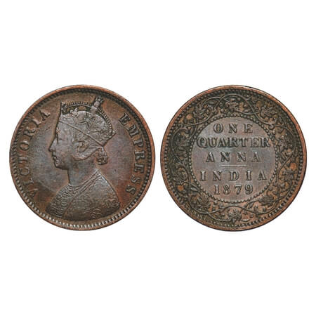 Victoria Empress, Copper, Quarter Anna, 1879, Calcutta Mint, B/II, 'C' incused. F. Prid 61