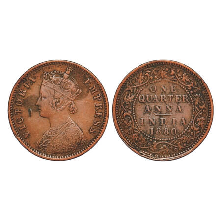 Victoria Empress, Copper, Quarter Anna, 1880, Calcutta Mint, B/II, 'C' incused. F. Prid 61
