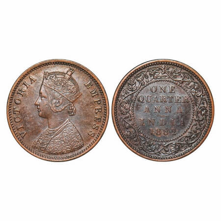 Victoria Empress, Copper, Quarter Anna, 1882, Bombay Mint, B/I, No mint mark. F. Prid 638.