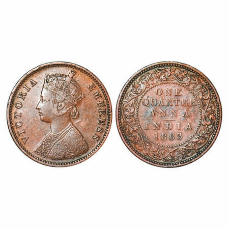 Victoria Empress, Copper, Quarter Anna, 1883, Bombay Mint, B/I, No mint mark. F. Prid 639.