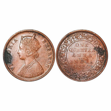 Victoria Empress, Copper, Quarter Anna, 1884, Bombay Mint, B/I, No mint mark. F. Prid 640.