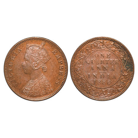 Victoria Empress, Copper, Quarter Anna, 1886, Bombay Mint, B/I, No mint mark. F. Prid 641.