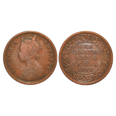 Victoria Empress, Copper, Quarter Anna, 1888, Bombay Mint, B/I, No mint mark. F. Prid 643.