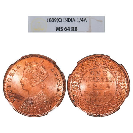 Victoria Empress, Copper, Quaerter Anna, 1889, Calcutta Mint, B/II, No mint mark. F. Prid 