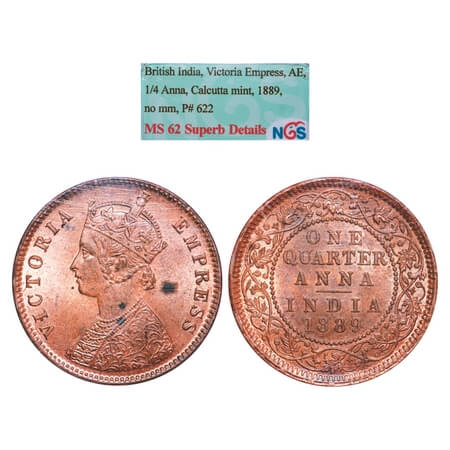 Victoria Empress, Copper, Quarter Anna, 1889, Calcutta Mint, B/II. F. Prid 622. GK 848. NG