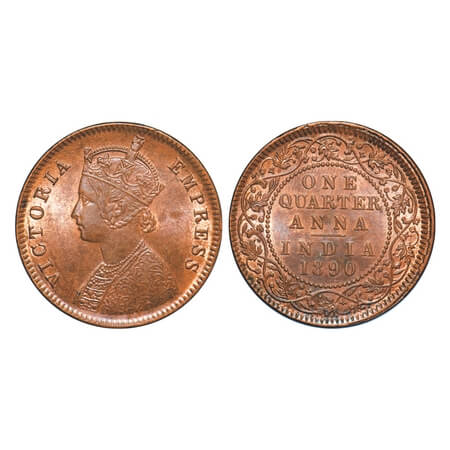 Victoria Empress, Copper, Quarter Anna, 1890, Calcutta Mint, B/II, No mint mark. F. Prid 6