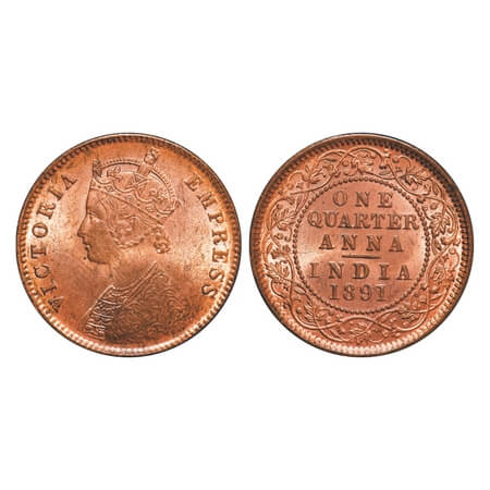 Victoria Empress, Copper, Quarter Anna, 1891, Calcutta Mint, B/II, No mint mark. F. Prid 6