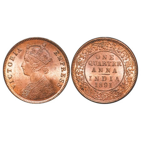 Victoria Empress, Copper, Quarter Anna, 1891, Calcutta Mint, B/II, No mint mark. F. Prid 6