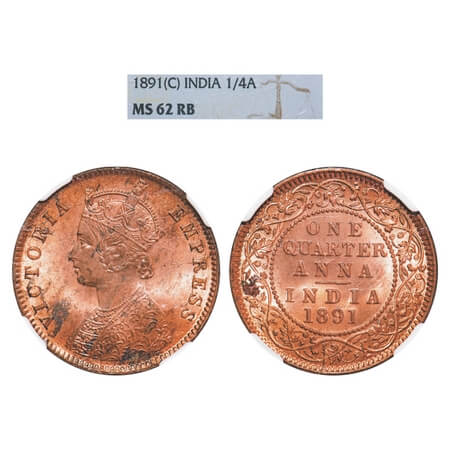 Victoria Empress, Copper, Quarter Anna, 1891, Calcutta Mint, B/II, No mint mark. F. Prid 6