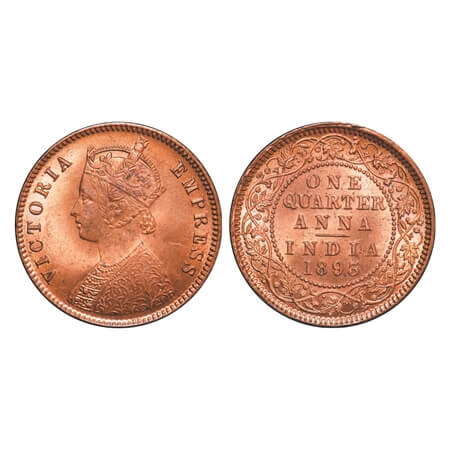 Victoria Empress, Copper, Quarter Anna, 1893, Calcutta Mint, B/II, No mint mark. F. Prid 6