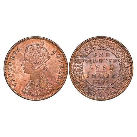 Victoria Empress, Copper, Quarter Anna, 1894, Calcutta Mint, B/II, No mint mark, Planchet 
