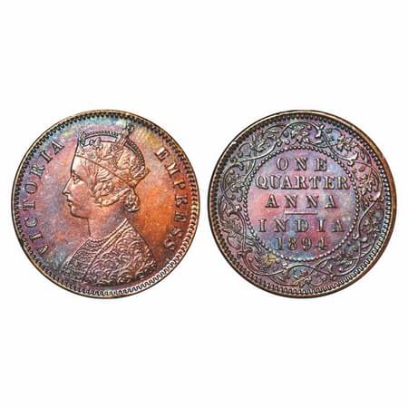 Victoria Empress, Copper, Quarter Anna, 1894, Calcutta Mint, B/II, No mint mark. F. Prid 6
