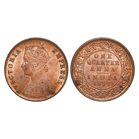Victoria Empress, Copper, Quarter Anna, 1897, Calcutta Mint, B/II, No mint mark. F. Prid 6