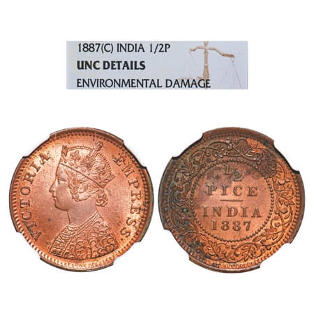Victoria Empress, Copper, 1/2 Pice, 1887, Calcutta Mint, A/I, No mint mark. F. Prid 719. G