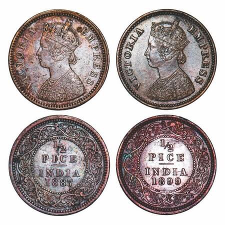 Victoria Empress, Copper, 1/2 Pice, (2 coins), 1887, 1889, Calcutta Mint, A/I, No mint mar
