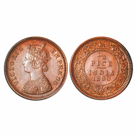 Victoria Empress, Copper, 1/2 Pice, 1890, Calcutta Mint, A/I, No mint mark. F. Prid 722. G