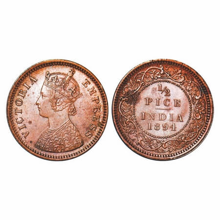 Victoria Empress, Copper, 1/2 Pice, 1894, Calcutta mint, A/IV, No mint mark. F. Prid 727. 