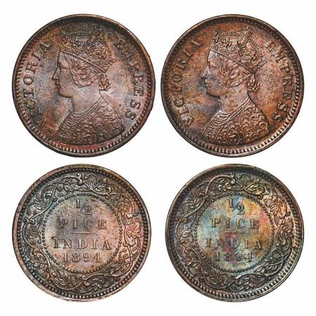 Victoria Empress, Copper, 1/2 Pice, (2 coins), 1894, Calcutta Mint, A/I, No mint mark. F. 