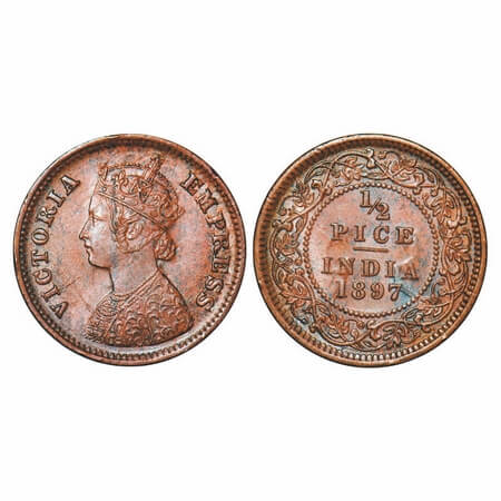 Victoria Empress, Copper, 1/2 Pice, 1897, Calcutta Mint, A/I, No mint mark, Ghost on Rev, 