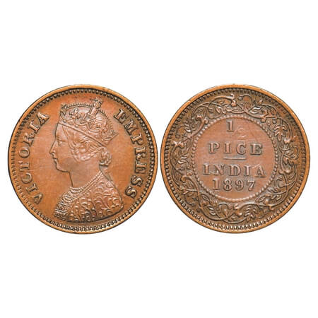 Victoria Empress, Copper, 1/2 Pice, 1897, Calcutta Mint, A/I, No mint mark, complete skull