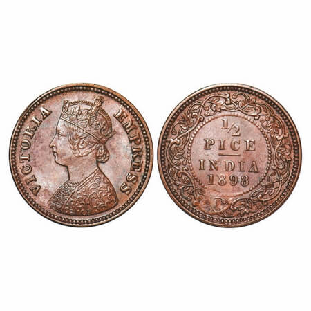 Victoria Empress, Copper, 1/2 Pice, 1898, Calcutta Mint, A/I, No mint mark. F. Prid 731. G