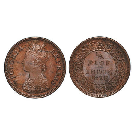 Victoria Empress, Copper, 1/2 Pice, 1898, Calcutta Mint, A/I, No mint mark, Die cracks on 